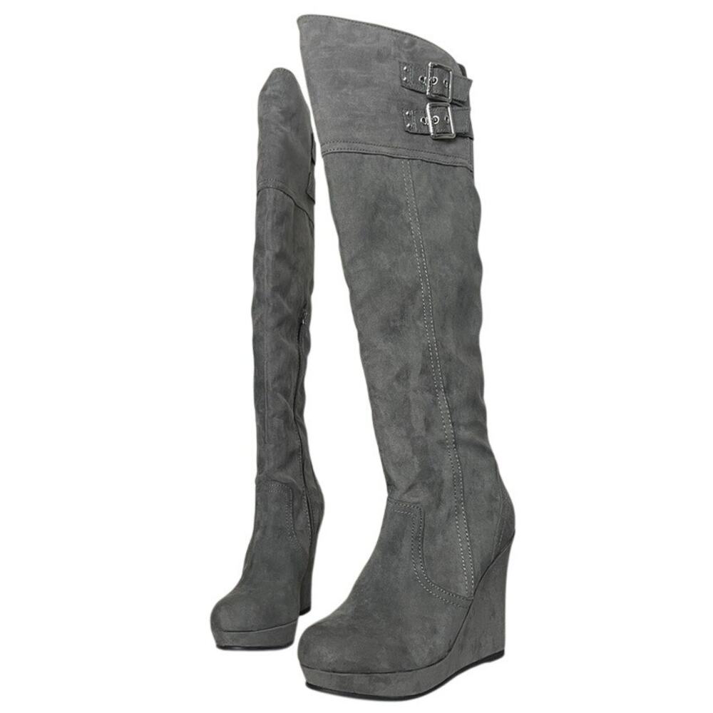 G By Guess Over The Knee Grey Suede Wedge Heeled Boots Buckles Women's US 7.5M